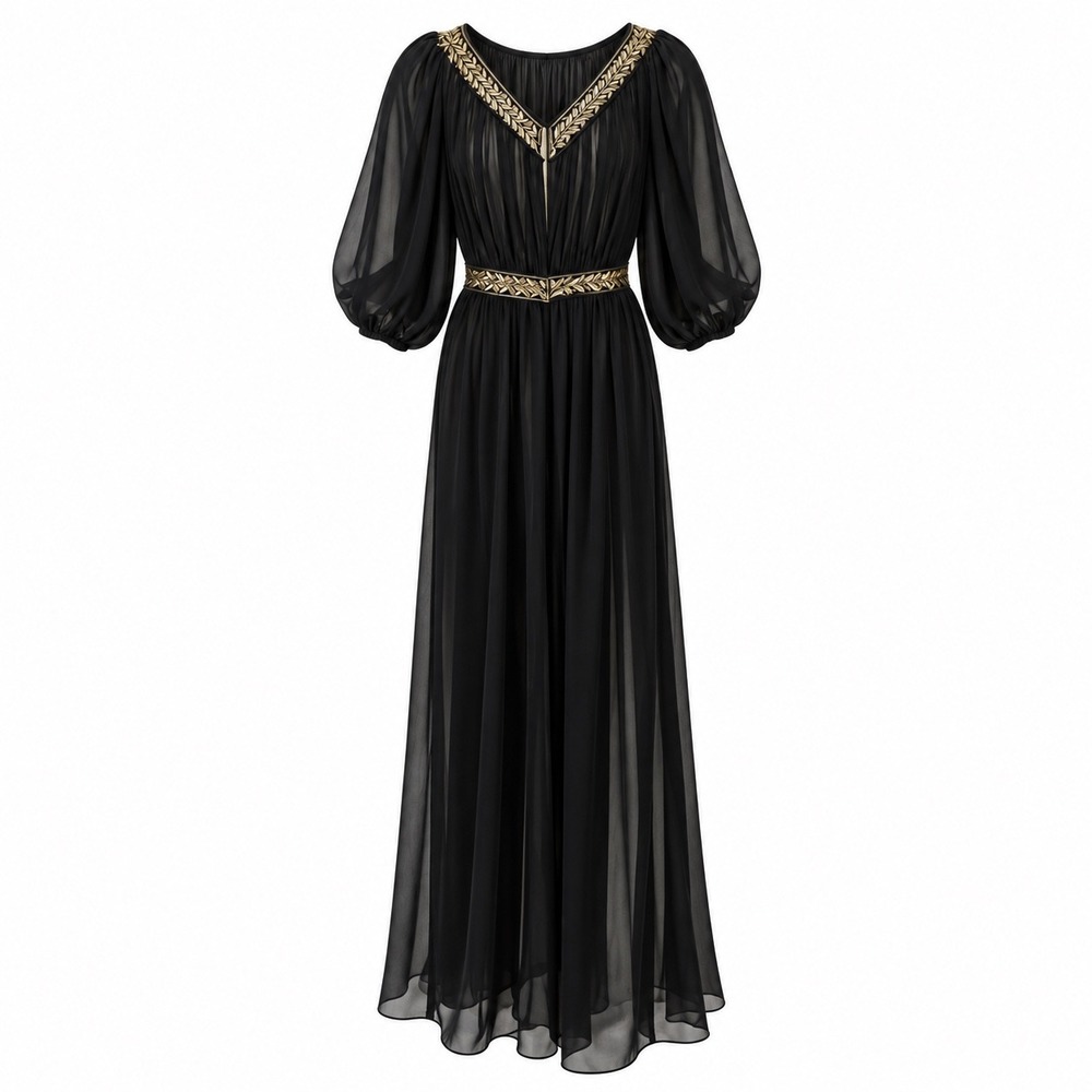 Vintage Black Gold Embroidered Grecian Maxi Dress Puff Sleeve Boho Gown 4/6
